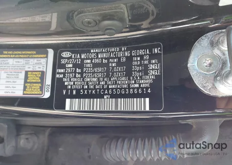 2013 Kia Sorento Lx z USA, uszkodzony, nr VIN 5XYKTCA65DG386614
